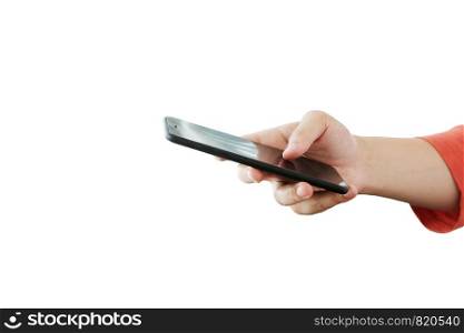 Man hand using smartphone isolated on white background, people and technology mockup