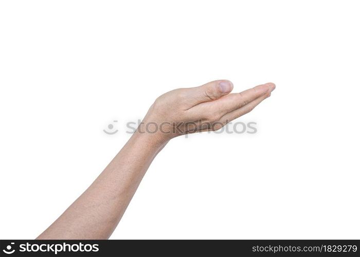 Man hand with open palm hope, helping, Isolated on white background.