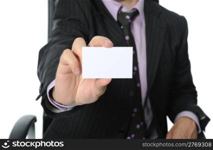man handing a blank business card. Isolated on white background