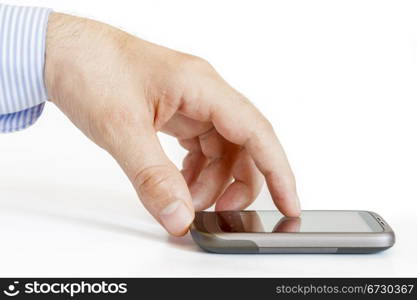 Man hands are pointing on touch screen device