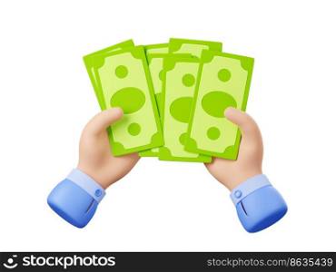 Man hands holding paper money cash. Icon of finance, income, payment concept with two hands with pile of currency, paper dollar bills, 3d render illustration isolated on white background. 3d man hands holding paper money cash