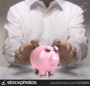 Man hands protect piggy bank. Finance concept illustration of savings or good credit. . Financial Concept, Saving