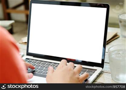 Man hands typing laptop computer with blank screen for mock up template background, top view, business technology and lifestyle background concept