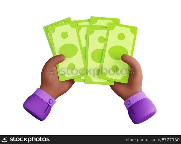 Man hands with heap of paper money cash. Icon of finance, wealth, income, investment, payment concept with two hands hold pile of dollar bills, banknotes, 3d render illustration. Man hands with heap of paper money cash