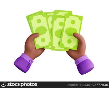 Man hands with heap of paper money cash. Icon of finance, wealth, income, investment, payment concept with two hands hold pile of dollar bills, banknotes, 3d render illustration. Man hands with heap of paper money cash