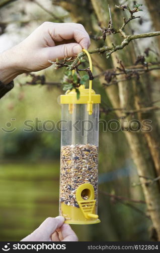 Man Hanging Bird Feeder In Garden