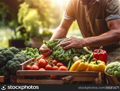 Man harvesting ripe organic fresh vegetables on his own organic farm on summer sunny day.AI Generative