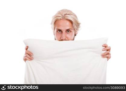 Man hiding her face behind pillow, copy space for text, isolated on white. Man covering his face with pillow