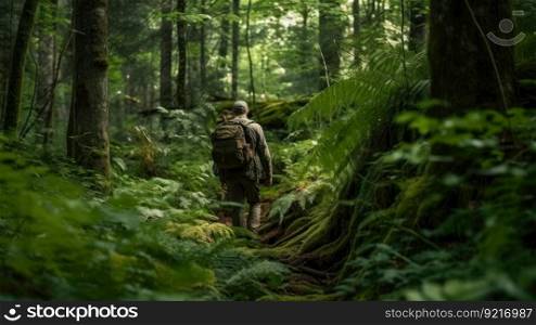 man hike on green jungle forest , active lifestyle study nature generative ai.