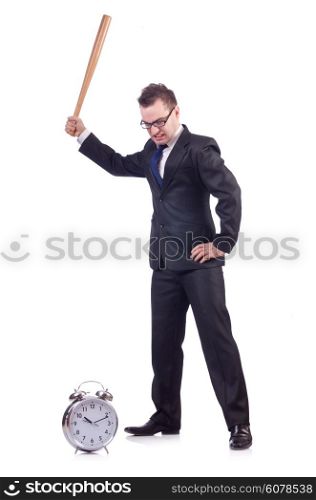 Man hitting the clock with baseball bat isolated on the white