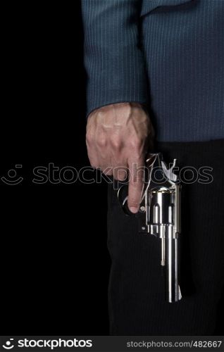 Man Hold Stainless Gun or Shooter in Hand Book Cover Style. Fake Stainless Gun or Shooter in Hand portrait view for criminal or violence concept