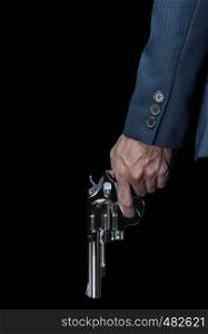 Man Hold Stainless Gun or Shooter in Left Hand in Book Cover Style. Fake Stainless Gun or Shooter in Left Hand portrait view for criminal or violence concept