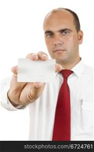 Man holding a blank card in his hand on white background