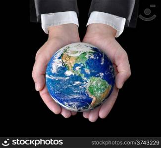 Man holding a globe in his hands. Elements of this image furnished by NASA