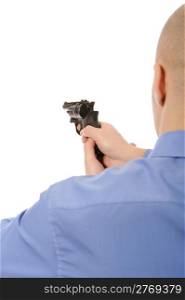 man holding a gun. Isolated on white background