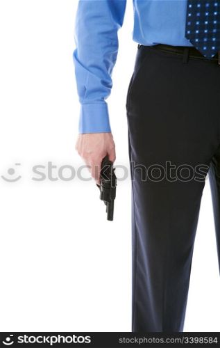man holding a gun. Isolated on white background