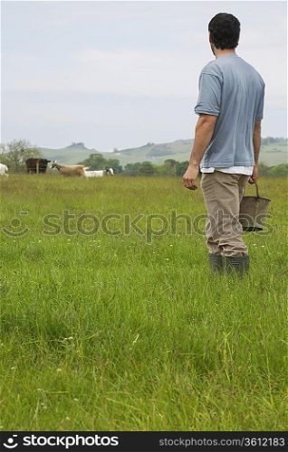 Man holding bucket in field, rear view