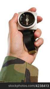Man holding compass on hand and pointing to right direction, white isolated background.