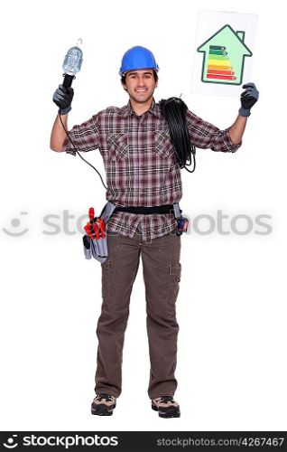 Man holding energy efficiency panel
