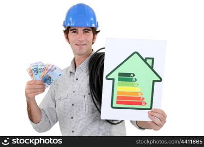 Man holding energy-rating poster