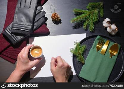 Man Holding Espresso Cup And Winter Man Accesories