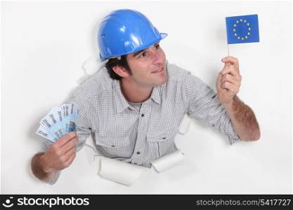 Man holding European flag and bank notes