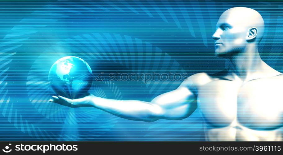 Man Holding Globe with Technology Abstract Background. Business Technology