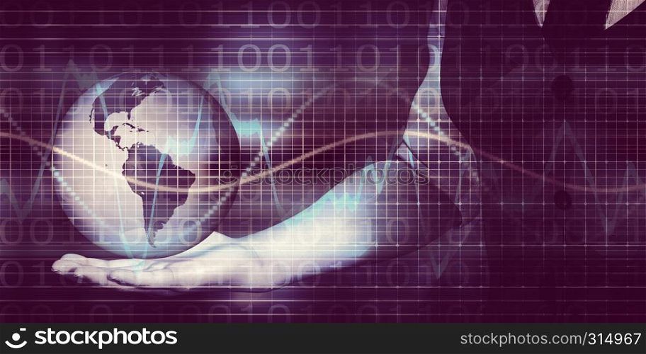 Man Holding Globe with Technology Abstract Background. Man Holding Globe