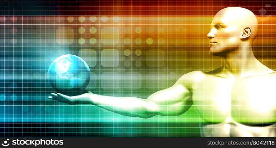 Man Holding Globe with Technology Abstract Background. Technology Provider