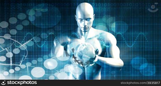 Man Holding Globe with Technology Industry as Concept. Crowdsourcing