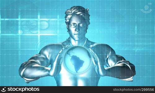 Man Holding Globe with Technology Industry as Concept. Man Holding Globe