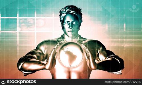 Man Holding Globe with Technology Industry as Concept. Man Holding Globe