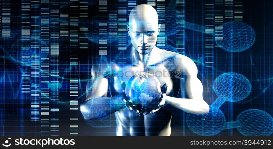 Man Holding Globe with Technology Industry as Concept. New Technology Concept