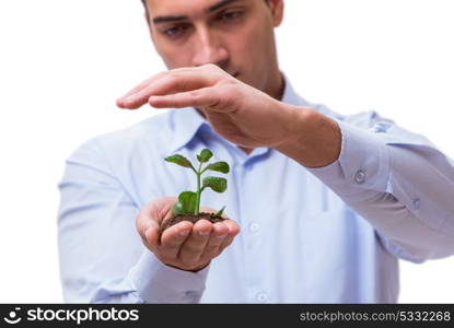 Man holding green seedling isolated on white