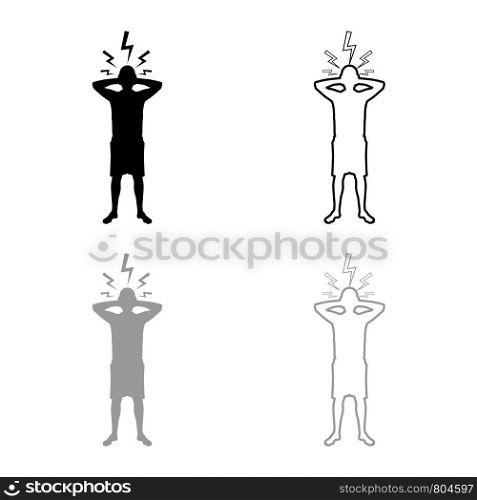 Man holding hand near head with lightning thunderbolt Concept trouble problem people silhouette icon outline set black grey color vector illustration flat style simple image