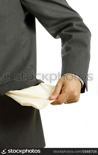 man holding his empty pocket, isolated on white