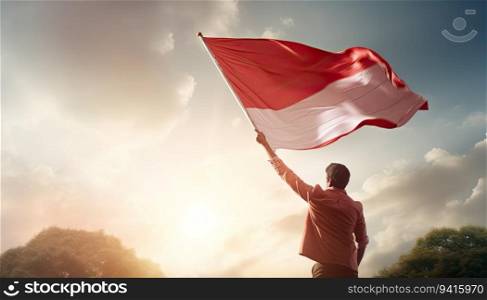 Man holding indonesian flag in the wind on nature background.