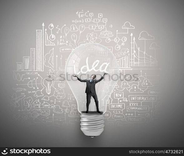 Man holding luminous idea inside light bulb. Creativity man