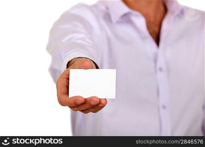 Man holding out a blank business card