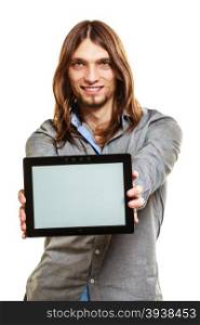 Man holding pc tablet. Blank screen copyspace.. Elegant handsome man holding tablet computer with blank screen showing copyspace. Young guy advertising new modern technology.