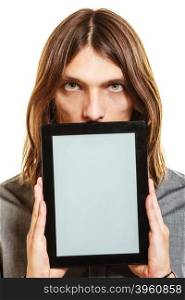 Man holding pc tablet. Blank screen copyspace.. Elegant handsome man holding tablet computer with blank screen showing copyspace. Young guy advertising new modern technology.
