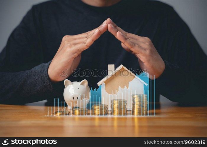 Man holding piggy bank with coins stacked on the wooden table. Chart graph shows savings growth for investment and budgeting. Concept of saving money, retirement, and financial planning.