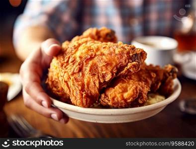 Man holding plate with large fried chicken crunchy meat in fast food restaurant.AI Generative