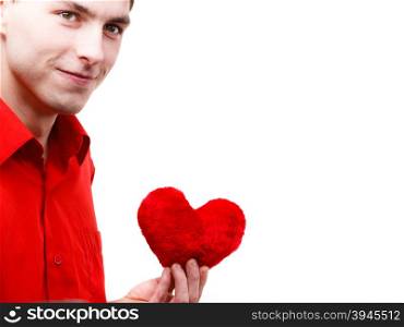 Man holding red heart isolated. Man holding red heart love symbol. Valentines day happiness concept