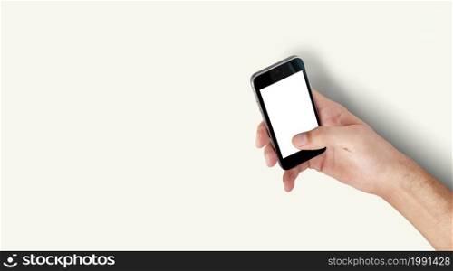 Man holding smart device with empty screen isolated on white background. Male hands with phone, empty space for text