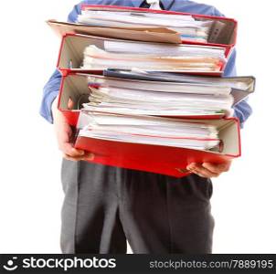 Man holding stack of folders. Pile with old documents and bills. Isolated on white background