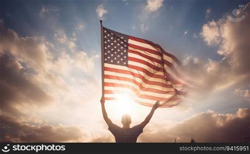 Man holding the american flag against blue sky with sunbeams