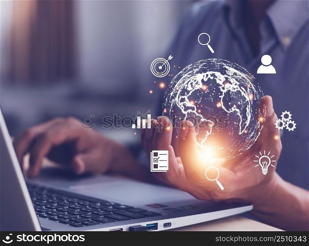 Man holding virtual Global Internet connection metaverse. Business global internet connection application technology and digital marketing, Financial and banking, Digital link tech, big data.