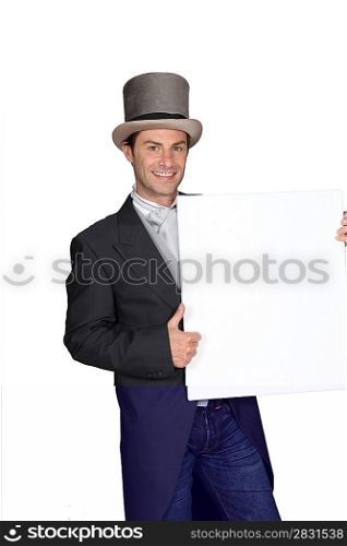 man holding white sign