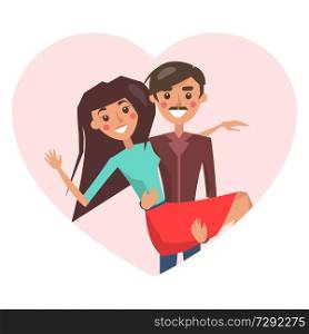 Man holding woman in hands, dating couple in love with smiles on faces, Saint Valentines celebration, vector illustration isolated on white background. Man Holding Woman in Hands Vector Illustration